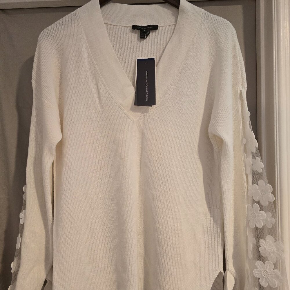 White embellished sweater with v line neck
